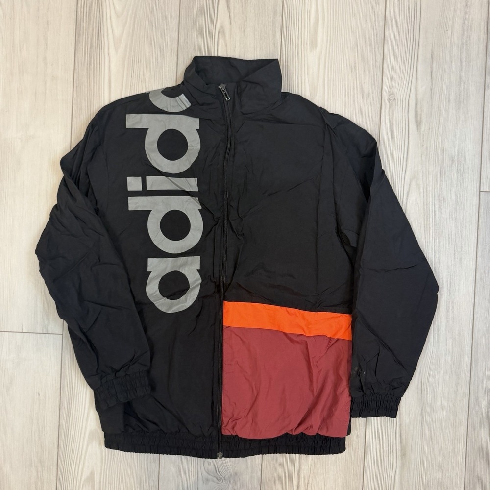 Adidas Spell Out Color Block‎ Black Silver Full Zip Nylon Windbreaker Jacket MED